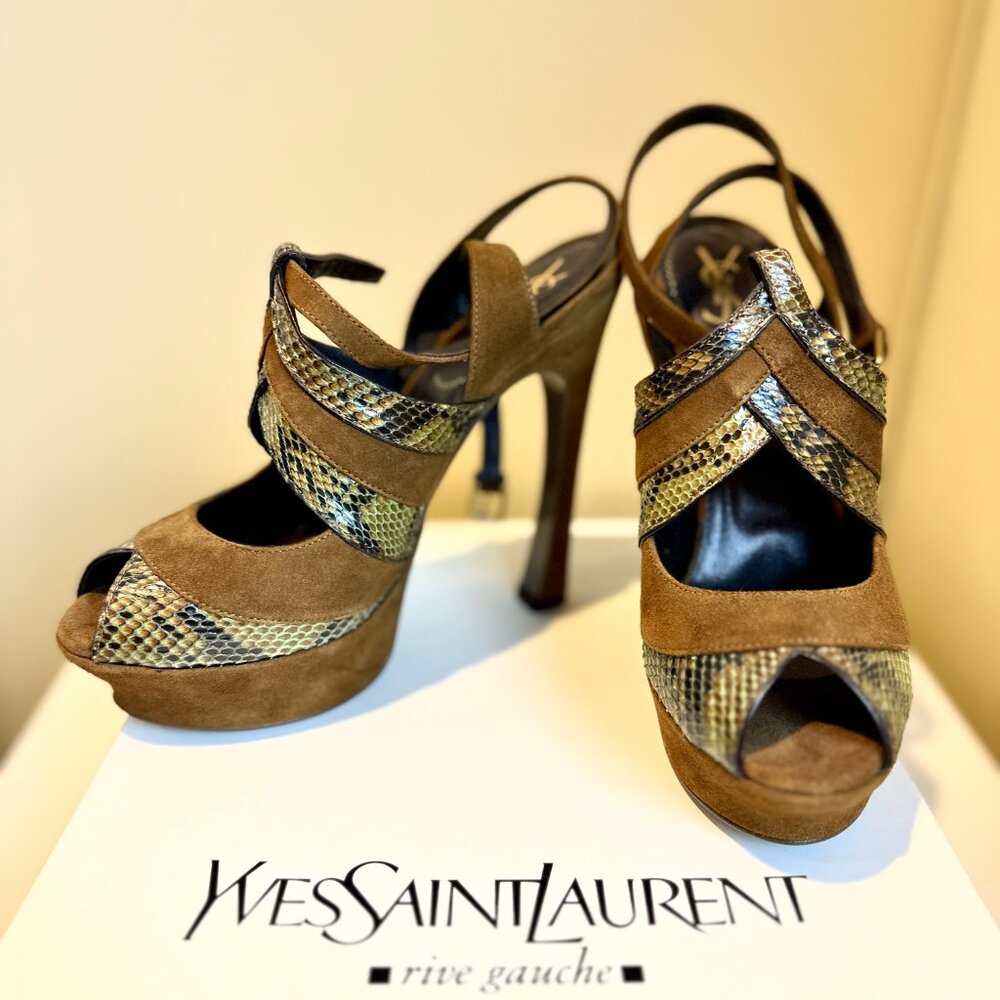 YVES SAINT LAURENT SNAKESKIN AND SUEDE PEEP-TOE SANDALS